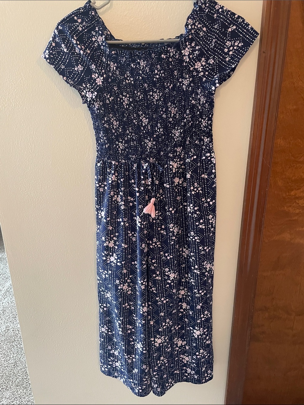 Navy and Light Pink Floral Smocked Kids' Jumpsuit
